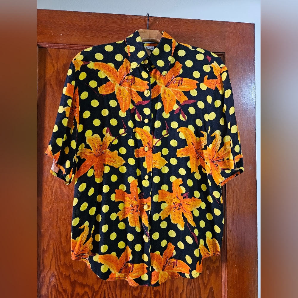 Baldanza Floral Short Sleeve Button Down Blouse Top Orange Flowers Size 6